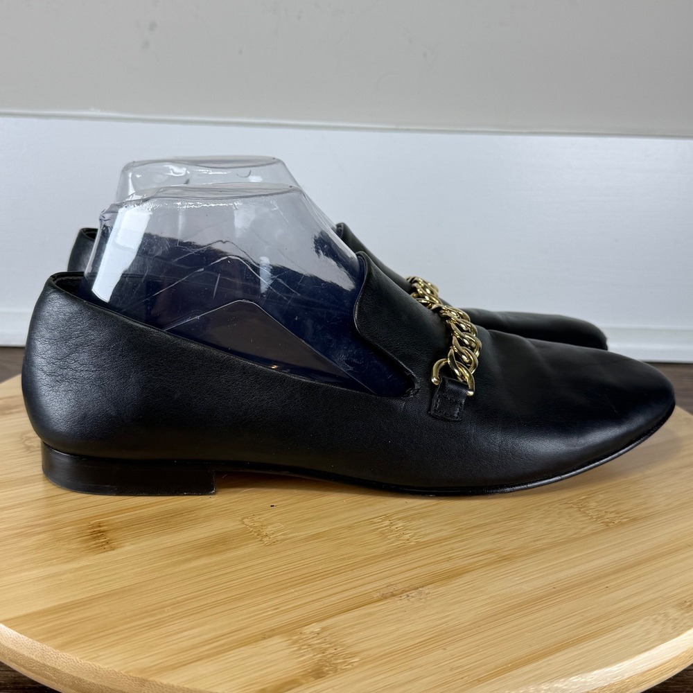 Via Spiga Chain Loafers Womens 8M Black Leather Gold Link Flat Quiet Luxury Chic